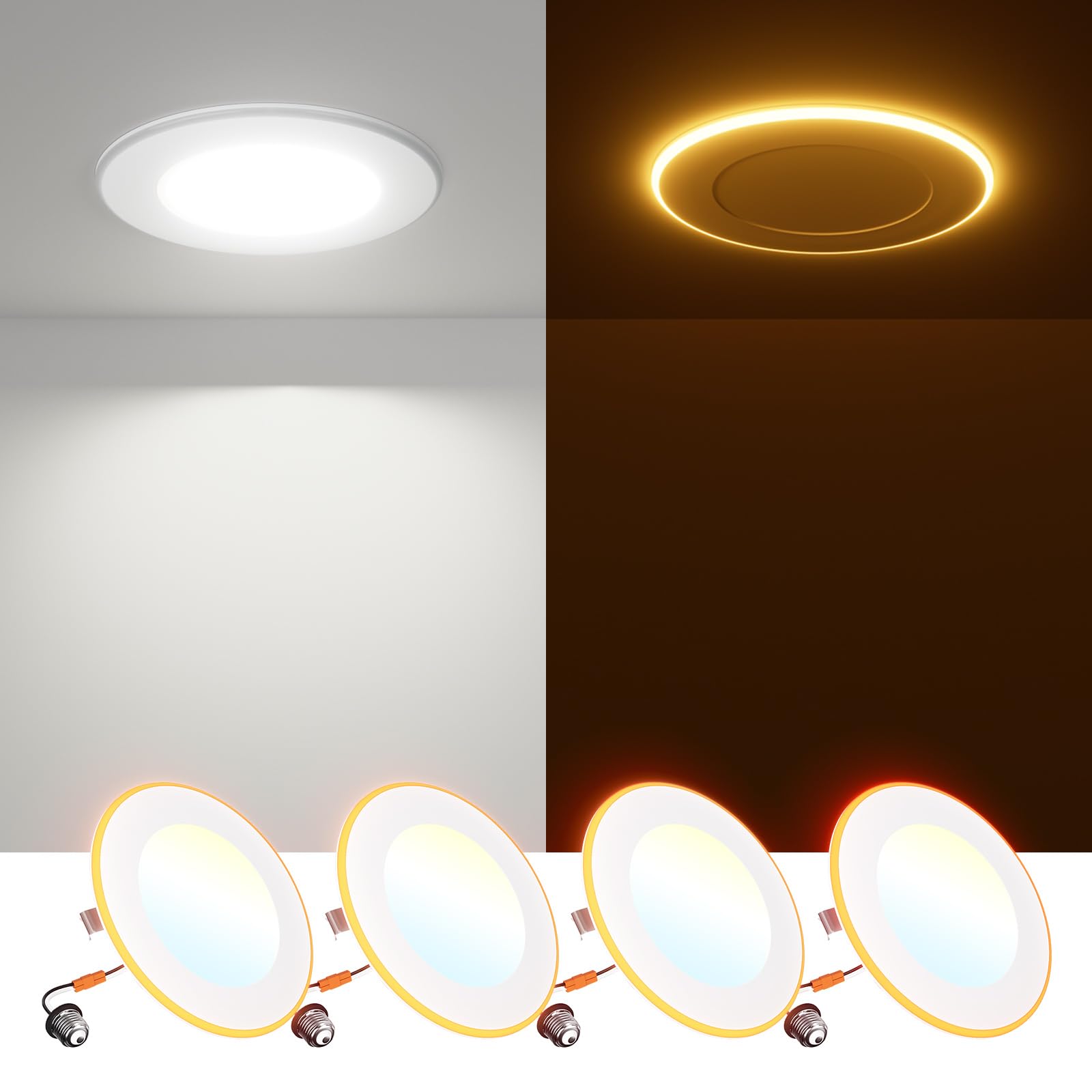 FREELICHT 4 Pack 4 Inch 5CCT LED Recessed Can Light with Night Light, 2700K/3000K/4000K/5000K/6000K Selectable Flat Recessed Lig