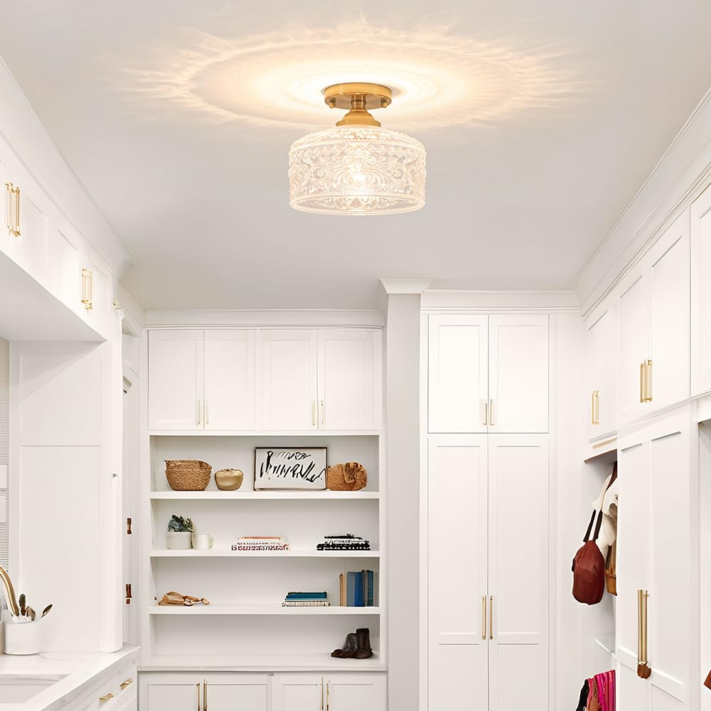 Gold Semi Flush Mount Ceiling Light  Antique Brass Ceiling Light With Glass  Indoor Close To Ceiling Light Fixture  Entryway Light Fixtures  Overhead Lighting For Hallway Kitchen Bedroom Dining Room