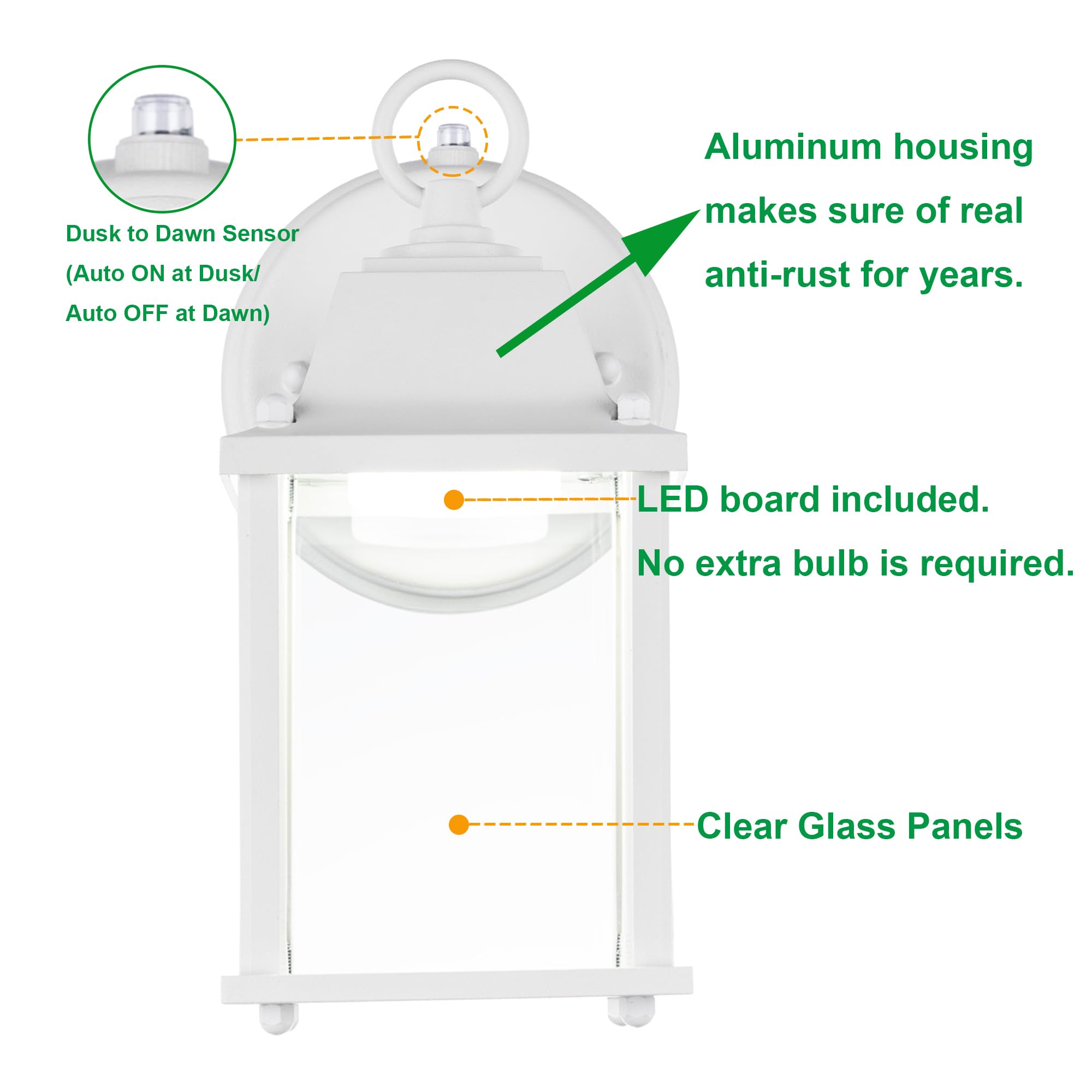 LIT-PaTH Dusk to Dawn Outdoor Wall Lantern, LED Sconce, 3000K White, Aluminum, 9.5W, 800 Lumen, 2-Pack
