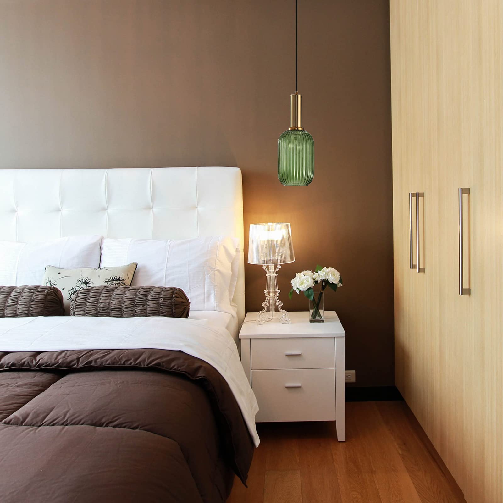 I-xun Modern Pendant Light - Striped Glass, Gold Socket, 5.12in  Size, Green, Model I-xun SG-S for Kitchen and Dining Rooms