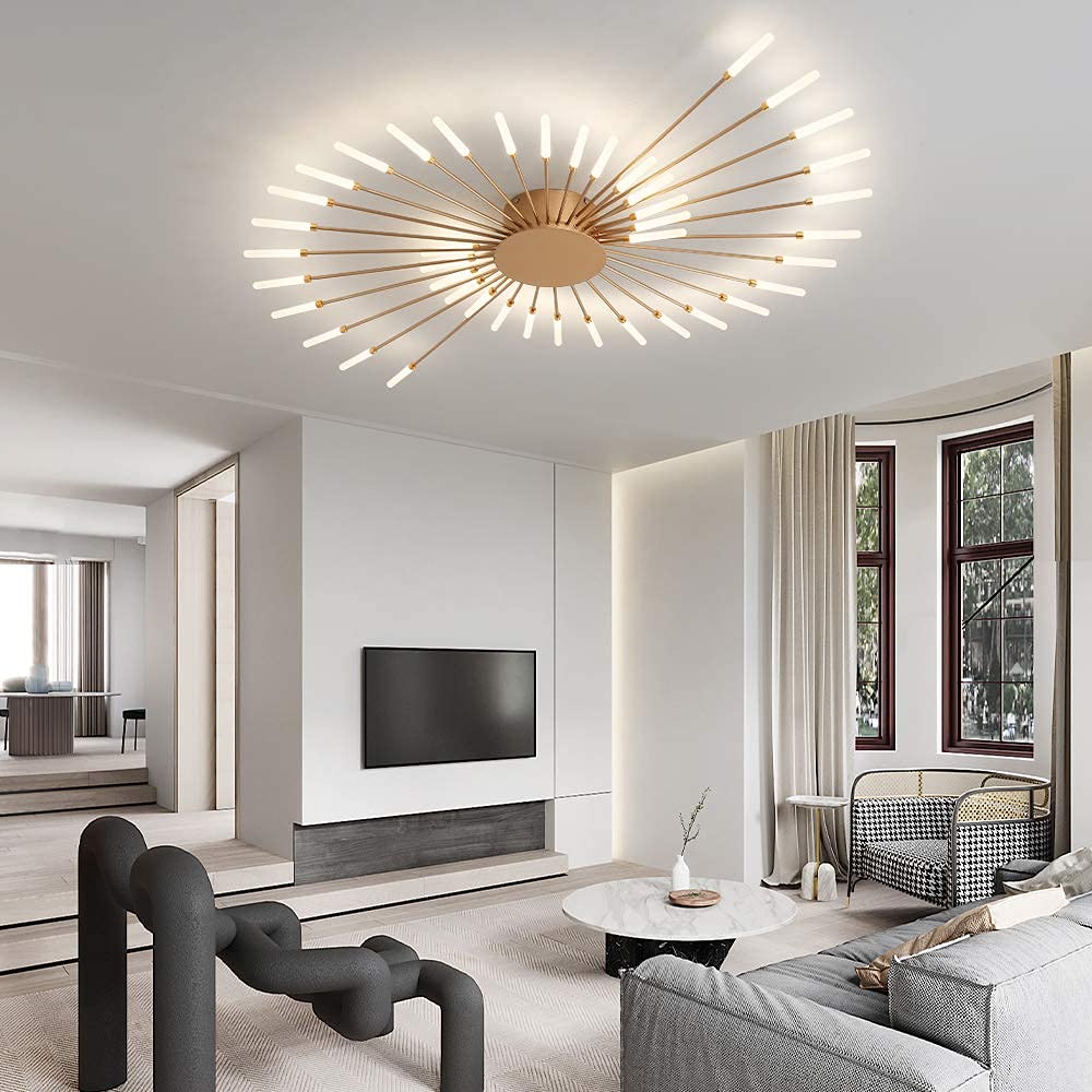 Jaymp Ceiling Light Modern Flower Shape Ceiling Lamp For Living Room Dining Room Flush Mount Metal Acrylic Sputnik Firework Petal Led Lighting Fixture (Matte Gold, 42 Lights)