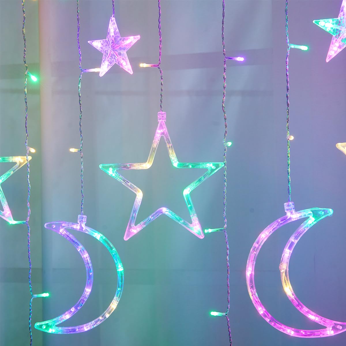 ALFEUND 7.5ft Decorative Starry String Curtain Lights Moons and Stars LED Night Light for Home Decoration Party,Remote Control U