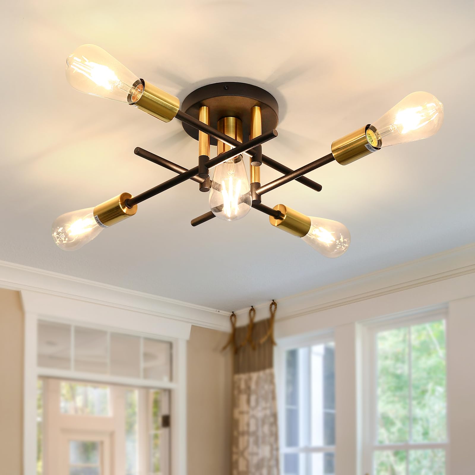 Uofus 5-Light Semi Flush Mount Ceiling Light, Modern Matte Black & Gold Chandelier For Home