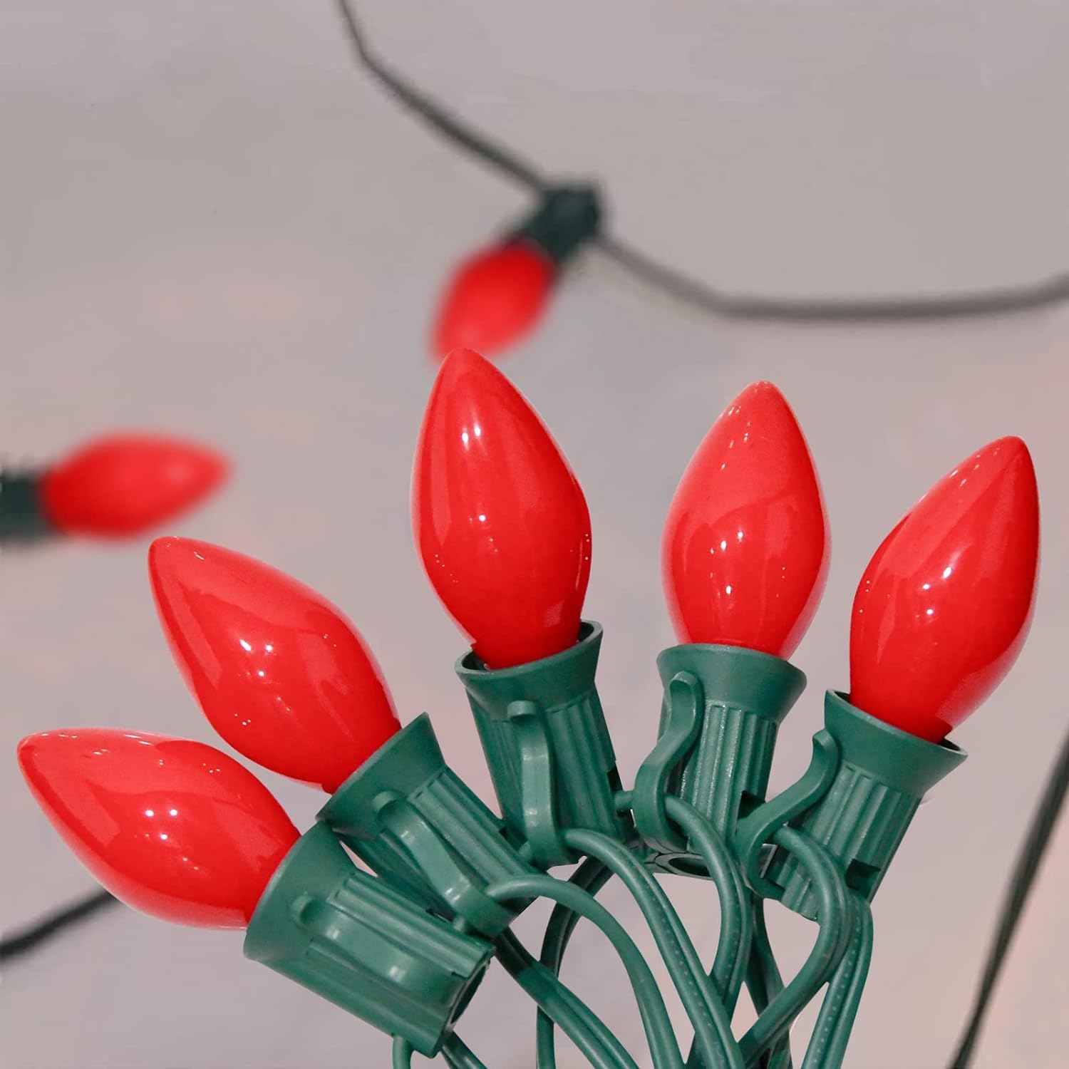 SUNSGNE C7 Christmas Outdoor String Lights 25ft with 27 Red Glass Bulbs, Connectable for Backyard Party Decor, Green Wire