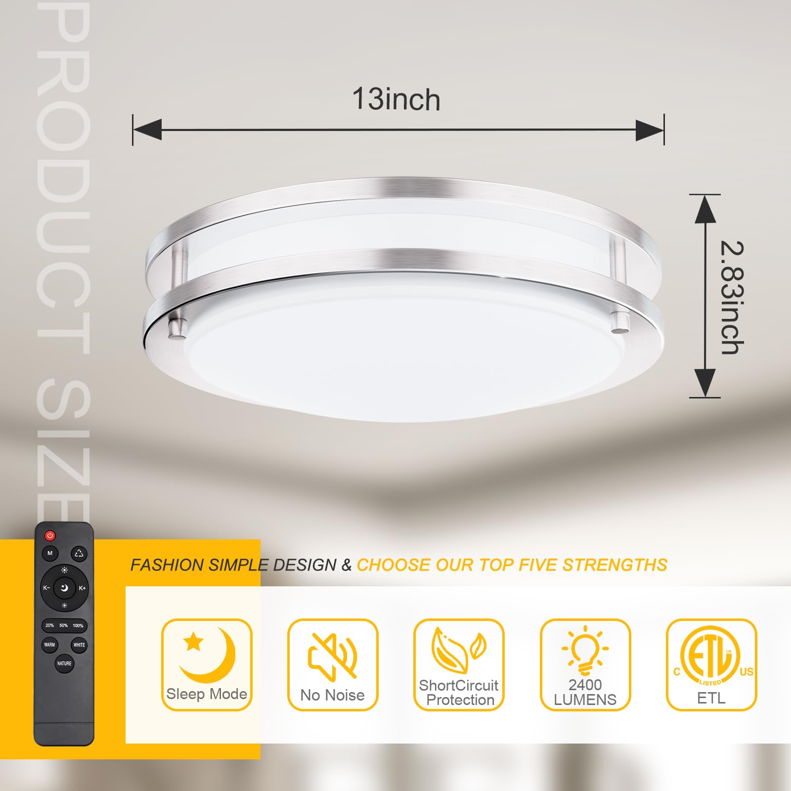 Kalium Led Ceiling Light With Remote 13 Inch Flush Mount Ceiling Light Fixture, 24W 3000K-6000K Adjustable Color Temperature, Di