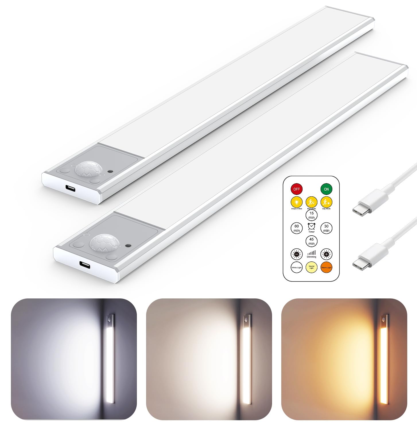 56LED Under Cabinet Lighting Wireless, 12'' Motion Sensor Light Indoor Rechargeable Under Cabinet Lights, Magnetic Closet Lights Battery Operated, Under Counter Lights for Kitchen (2Pack, Silver)