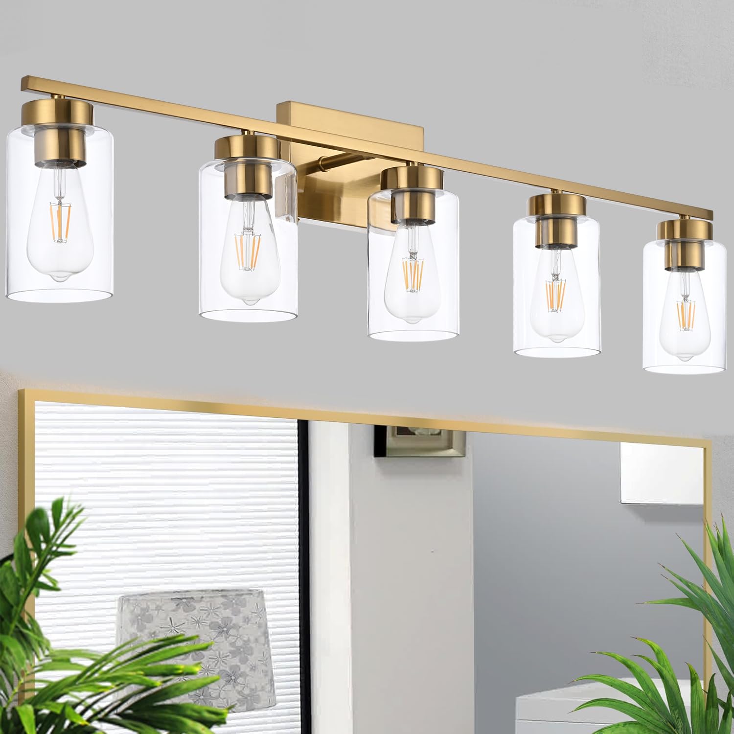 A1A9 5 Light Bathroom Vanity Light Fixtures  Brushed Brass Modern Wall Lights with Clear Glass Shade  Vintage Wall Sconce Lighting for Living Room  Mirror  Bedroom  Hallway (Gold  5-Lights)