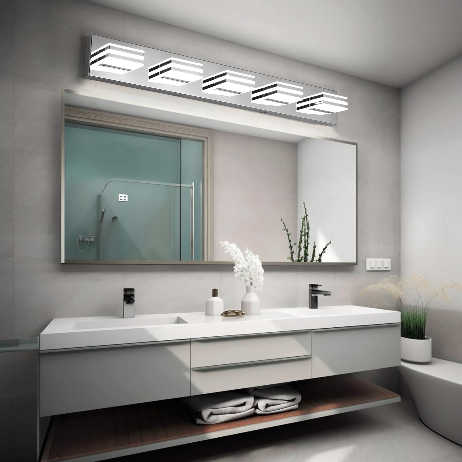 yumcrelect LED Vanity Lighting 5-Light Bath Wall Lamps 34-Inch Chrome Metal Model 6210 Not Dimmable