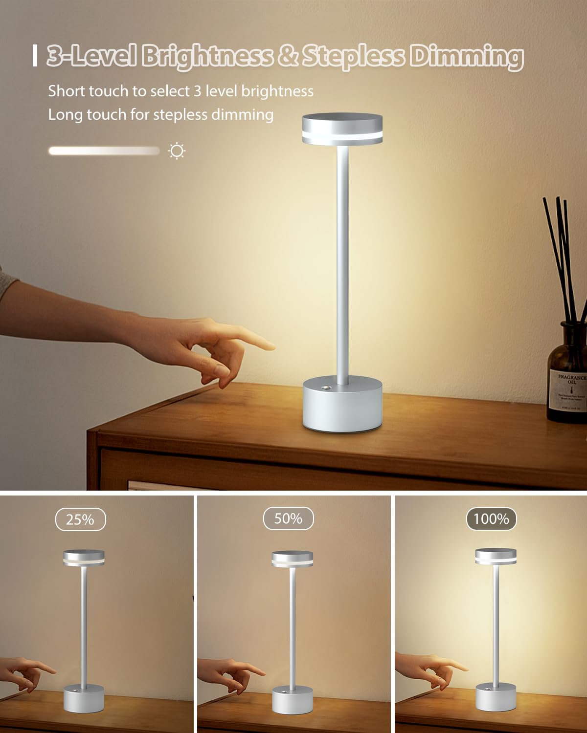 Modern Led Rechargeable Cordless Table Lamp With Touch Sensor, Aluminum Shell, 4000Mah Certified Battery, 3 Levels Brightness, U