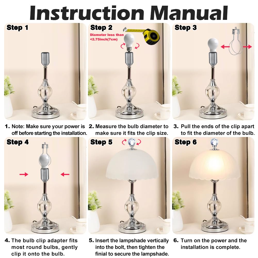 Asjeumt 2Pcs Lamp Shade Light Bulb Clip Adapter Kit, Nickel Lampshade Holder Adapter With Crystals Top Finial, No Harp Required, Clip On Bulb, Diy Replacement Repair Table & Floor Light Metal Parts