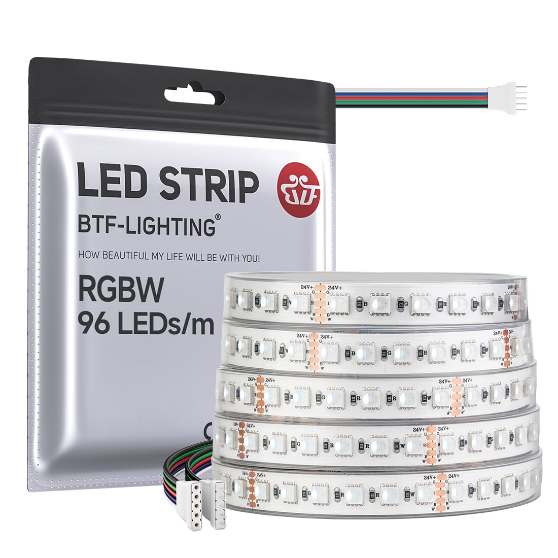 BTF-LIGHTING 5050 RGBW RGB+Cool White(6000K-7000K) 4 Colors in 1 LED 5m 16.4ft 96LED/m DC24V Multi-Colored LED Tape Lights IP67 