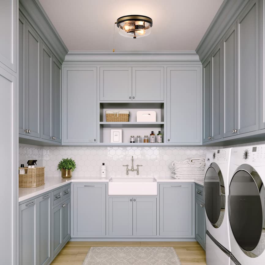 SPACETHREE Industrial Farmhouse Flush Mount Ceiling Light 2-Light Matte Black 11in with Seeded Glass, Model CL2201-270EG