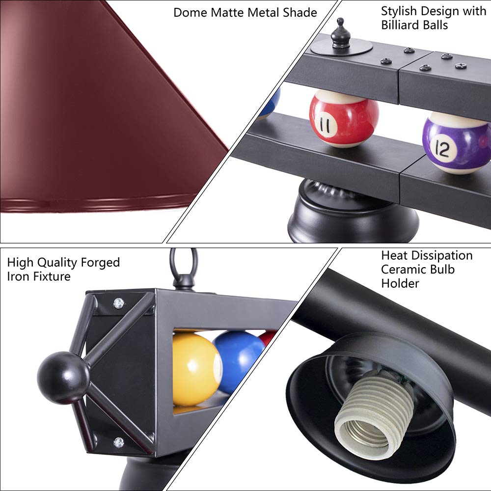 Wellmet Billiard Pool Table Light, 3 Lights, 59in Metal Fixture, Red, Model CHL-002-light-Red 02