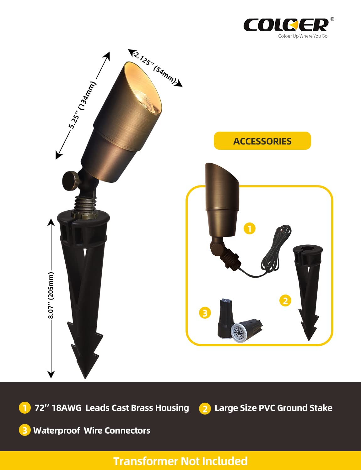 Coloer Die-Cast Brass Low Voltage Spotlight, Outdoor Spot Lights For Yard,12V Ac/Dc Led Landscape Lighting Fixture, Directional Garden Patio Spot Up Light(Bronze, 1-Pack Without Bulb,101B)