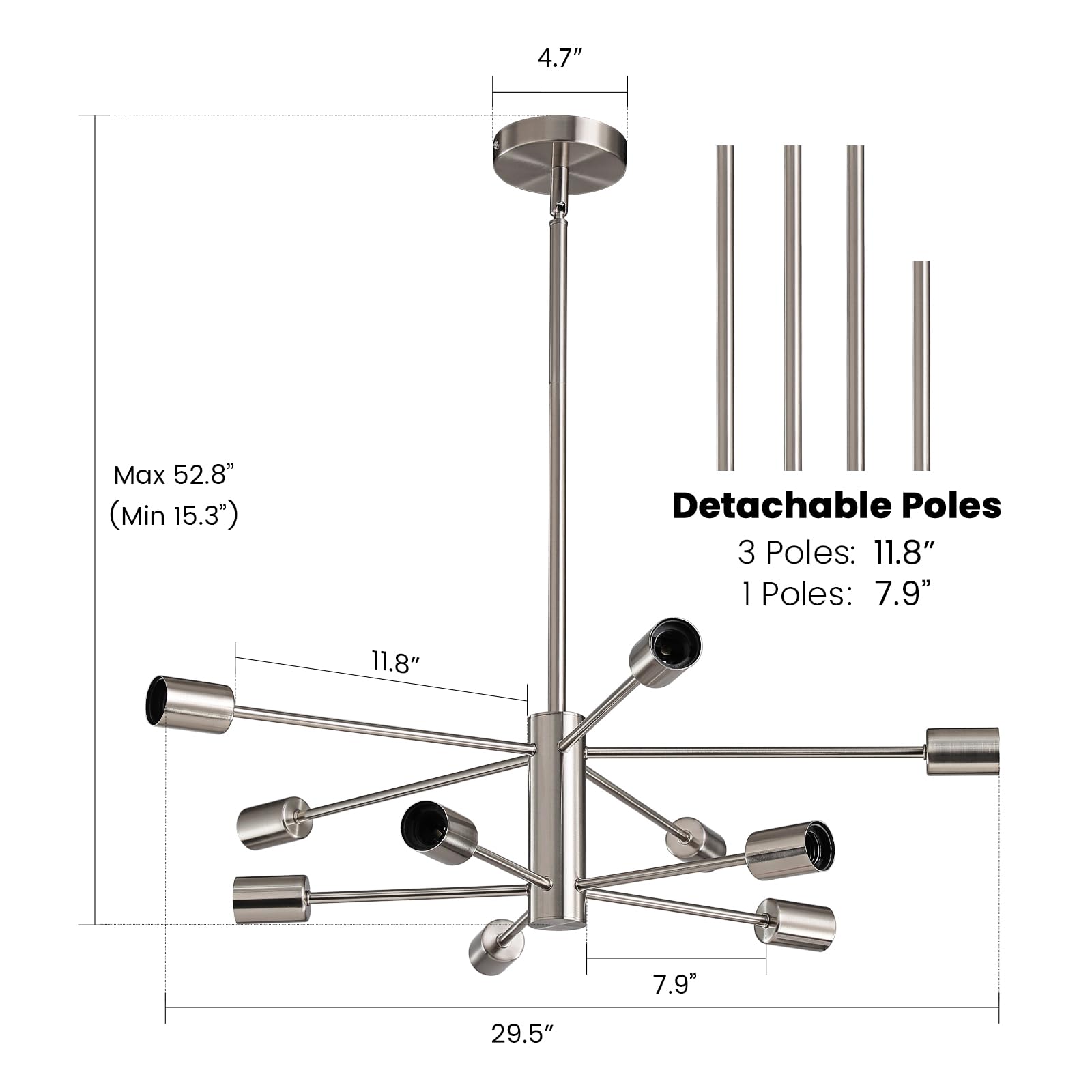RUIYEY Modern Sputnik Chandelier, 10 Lights Brushed Nickel, Adjustable Height, E26, Ideal for Dining Room, Kitchen Island, Living Room