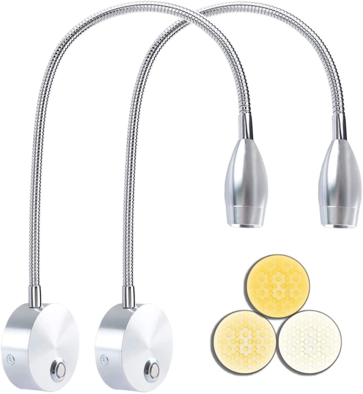 Adust Bedside Reading Light, 3W LED Touch Dimmable, Adjustable Color Temperature 3000k/4000k/6000k, Brushed Nickel, 2 Pack, Model