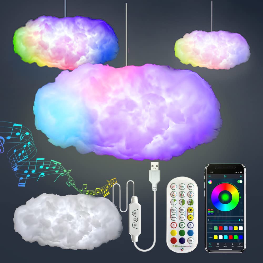 3D Big Cloud Lightning Light Kit Music Sync Warm White Multicolor Lightning Changing Strip Lights 360 Degree Wireless Remote App