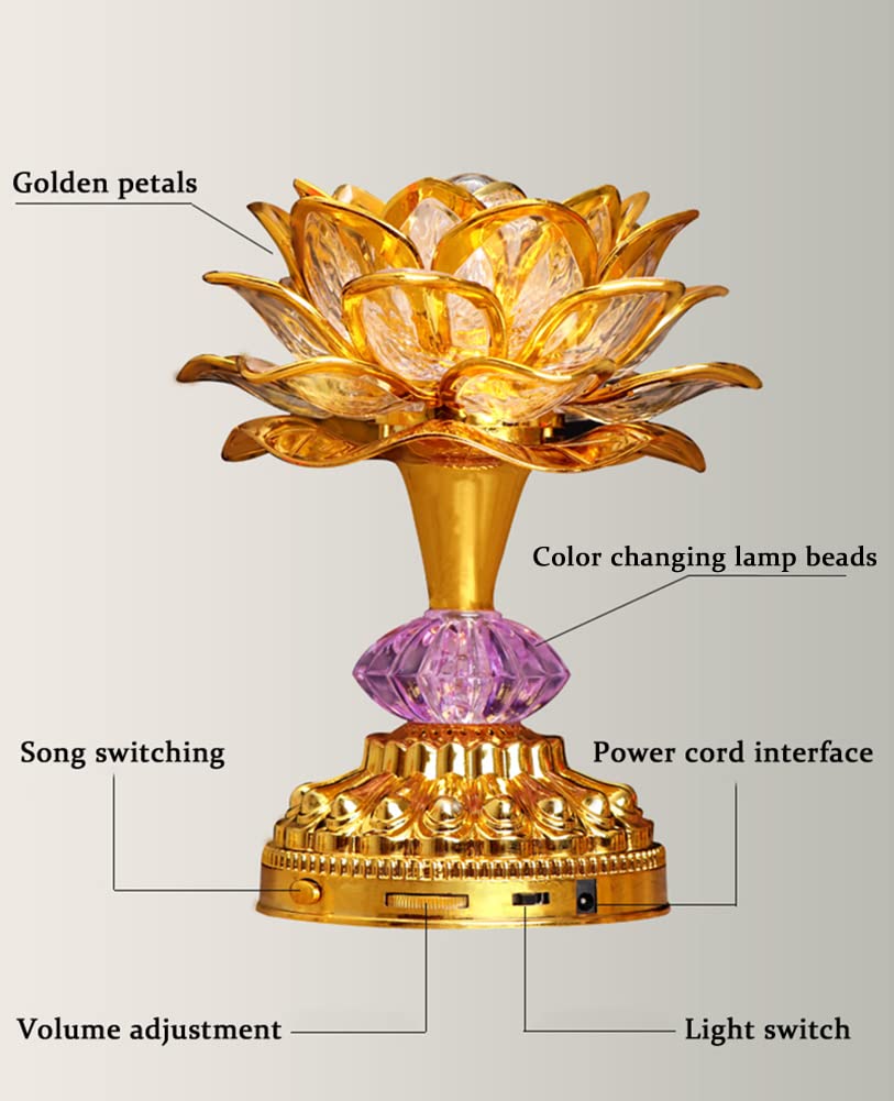Omeet Colorful LED Lotus Lamp - 13 Buddhist Songs, Golden ABS, Eco-Friendly, Model OMNL078F, Perfect for Worship and Display