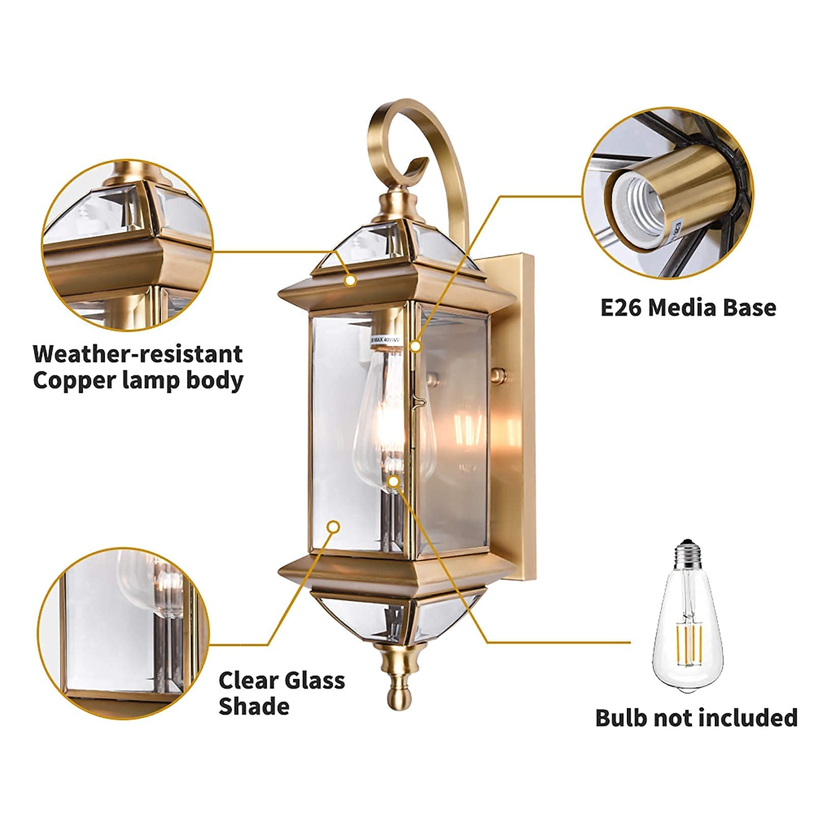 Gazelighting Copper Outdoor Lights Wall Mount 18.5&quot; H Porch Light Oil Rubbed Brass Exterior Light Fixture With Clear Glass,Outside Lighting For Patio, Garage, Frontdoor 1 Pack,Bulb Not Included