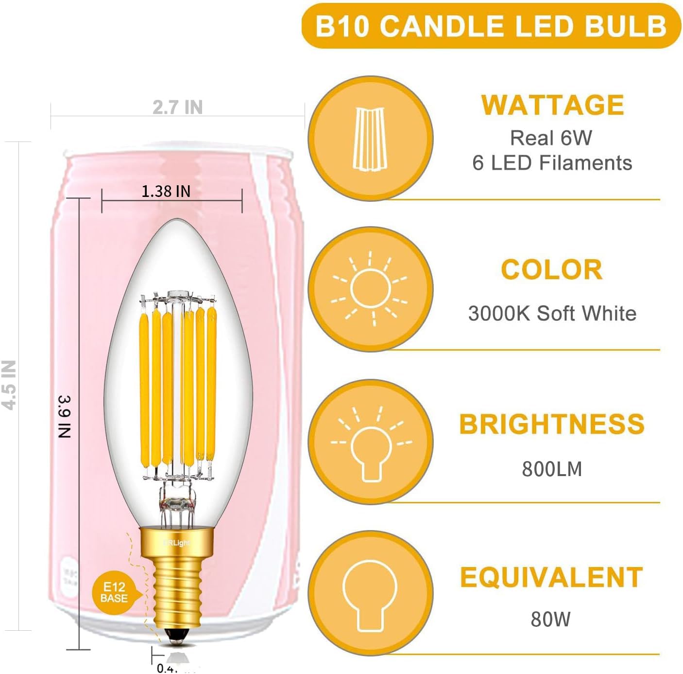 CRLight 6W Dimmable LED Candelabra Bulbs, 65W Equivalent, 650LM, Glass, 3000K Soft White, 8 Pack