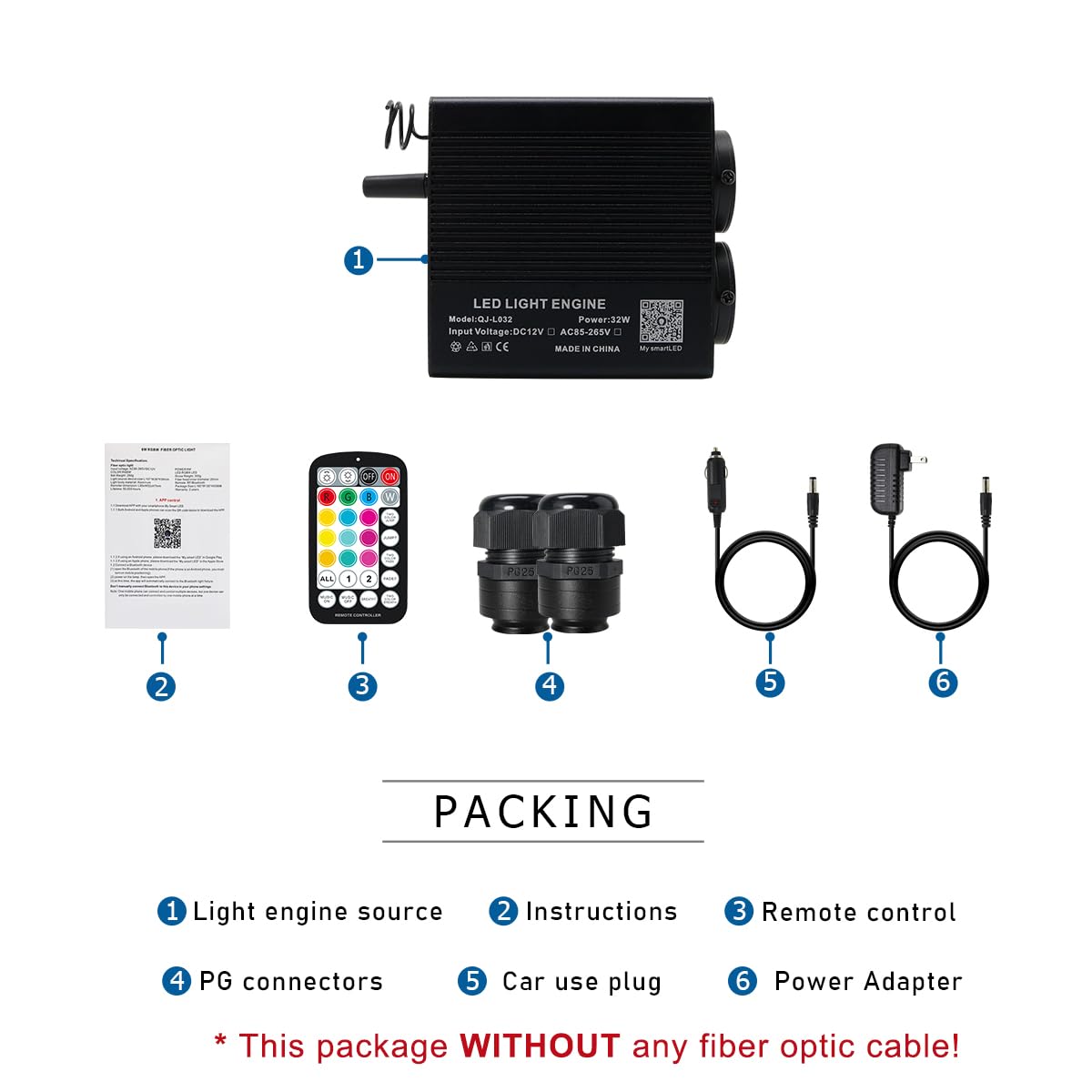 AKEPO Dual-Head Fiber Optic Light Engine, APP Control, Music Activated, 32W, Black, Model QJ-L032