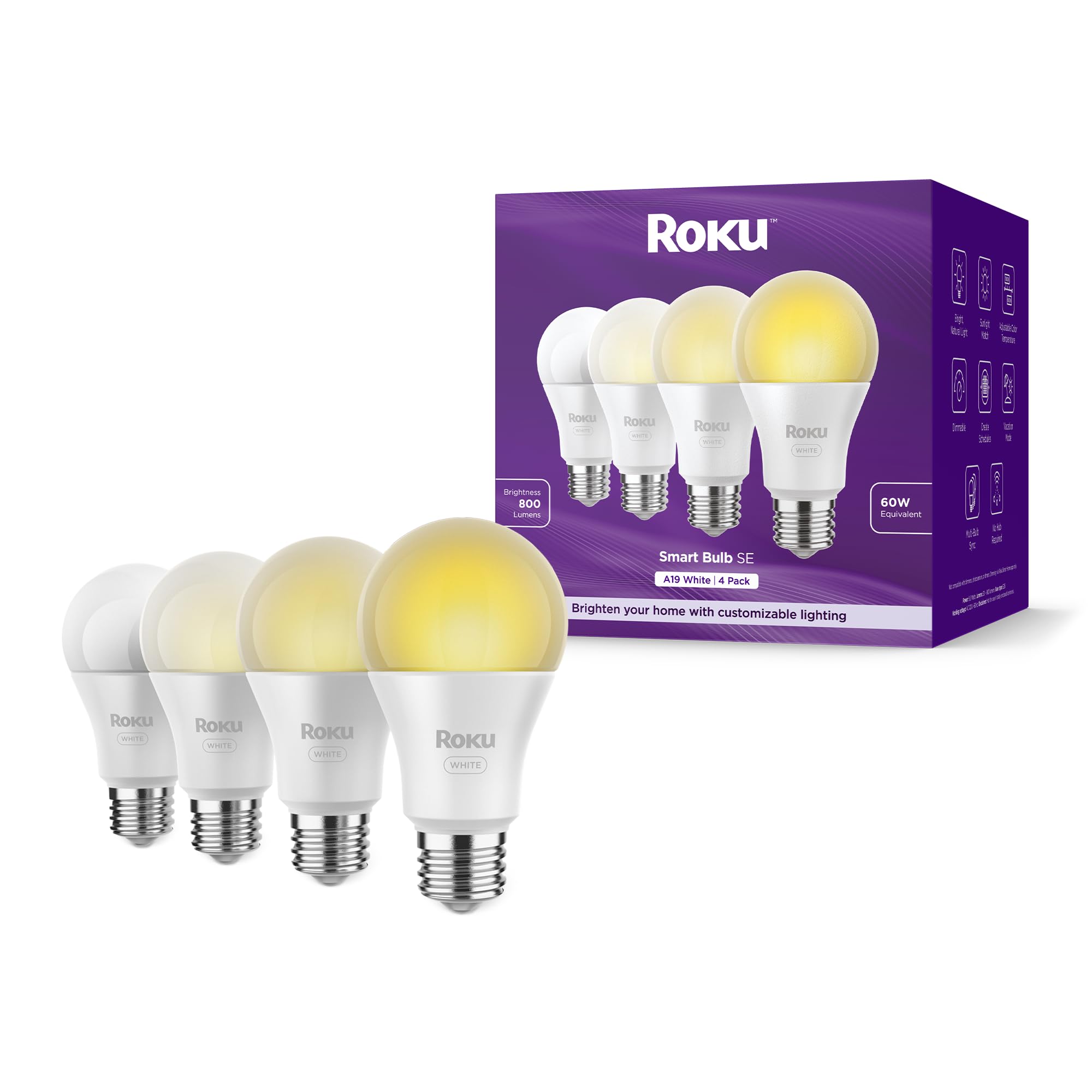Roku Smart Light Bulbs (White, 4-Pack) - Dimmable A19 Lightbulbs with Adjustable Brightness & Temperature - WiFi Smart Bulbs Works Voice, Alexa & Google Assistant, No Hub Required