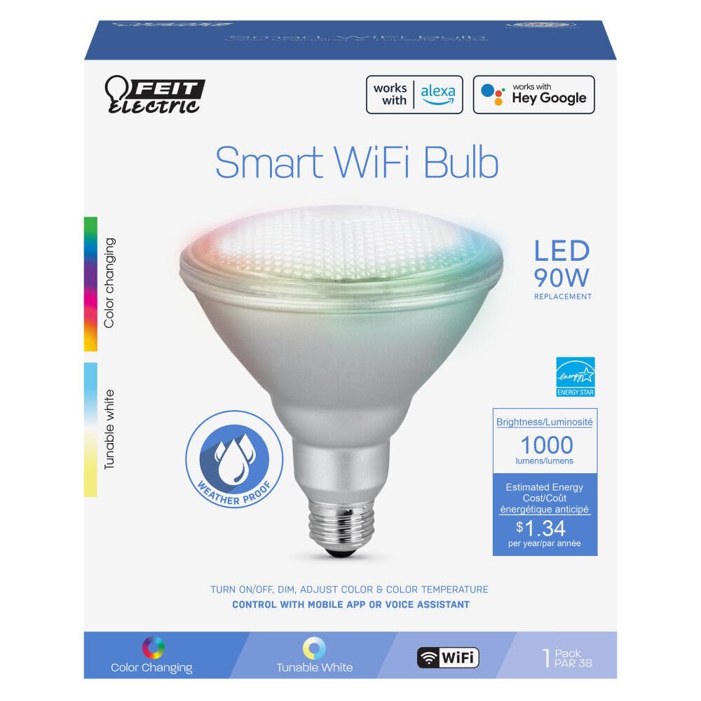 Feit Electric Par38/Rgbw/Ca/Ag 90 Watt Equivalent Wifi Color Changing And Tunable White, Dimmable, No Hub Required, Alexa Or Google Assistant Par38 Led Smart Light Bulb, Rgbw Multicolor, 5.1&quot;H X 4.7&quot;D