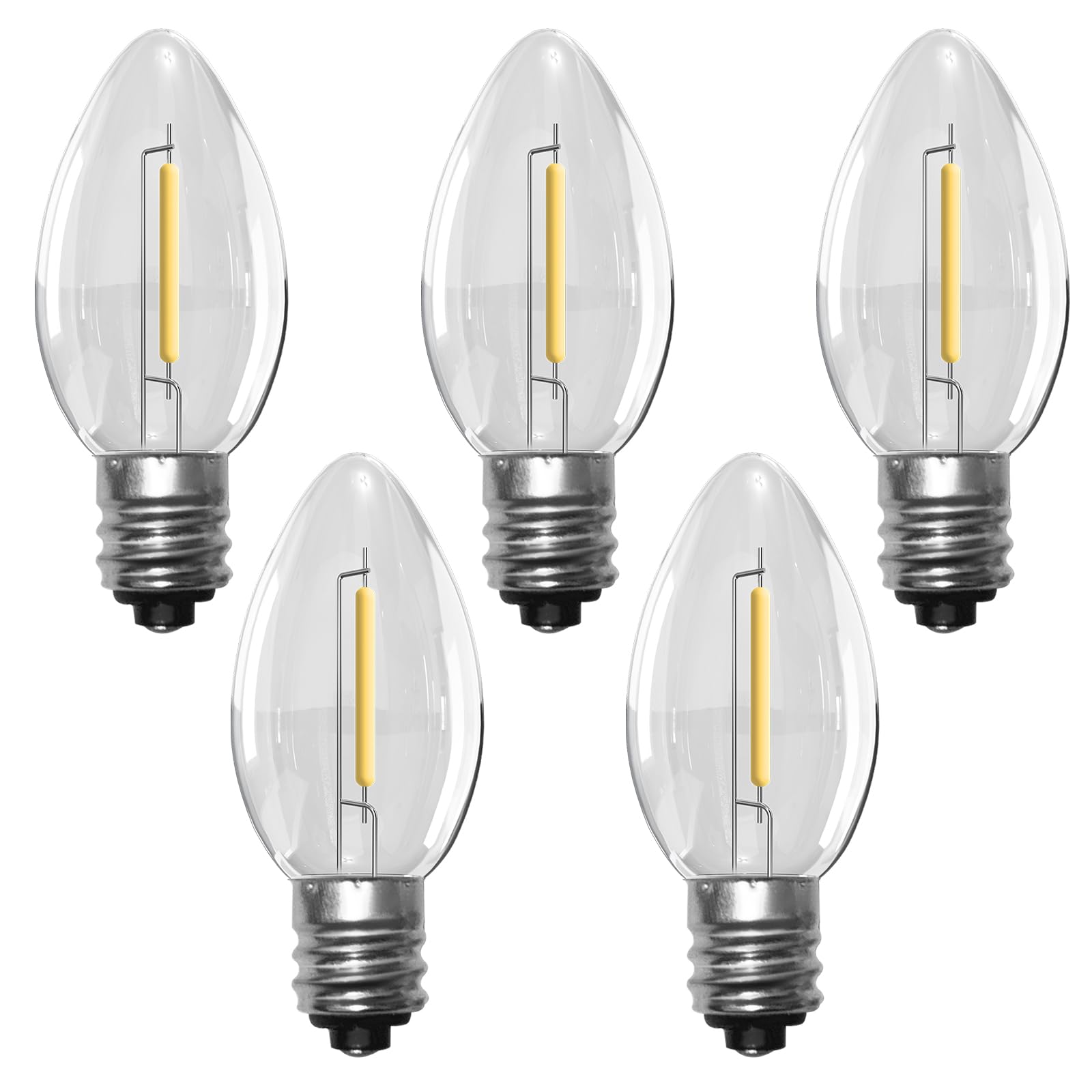 5 Pack C7 LED Clear Replacement Light Bulbs  C7 Warm White Christmas Replacement Bulb for Outdoor String Lights  Candles  Chandeliers  0.6W LED Energy Saving E12 Candelabra Base Night Light Bulbs