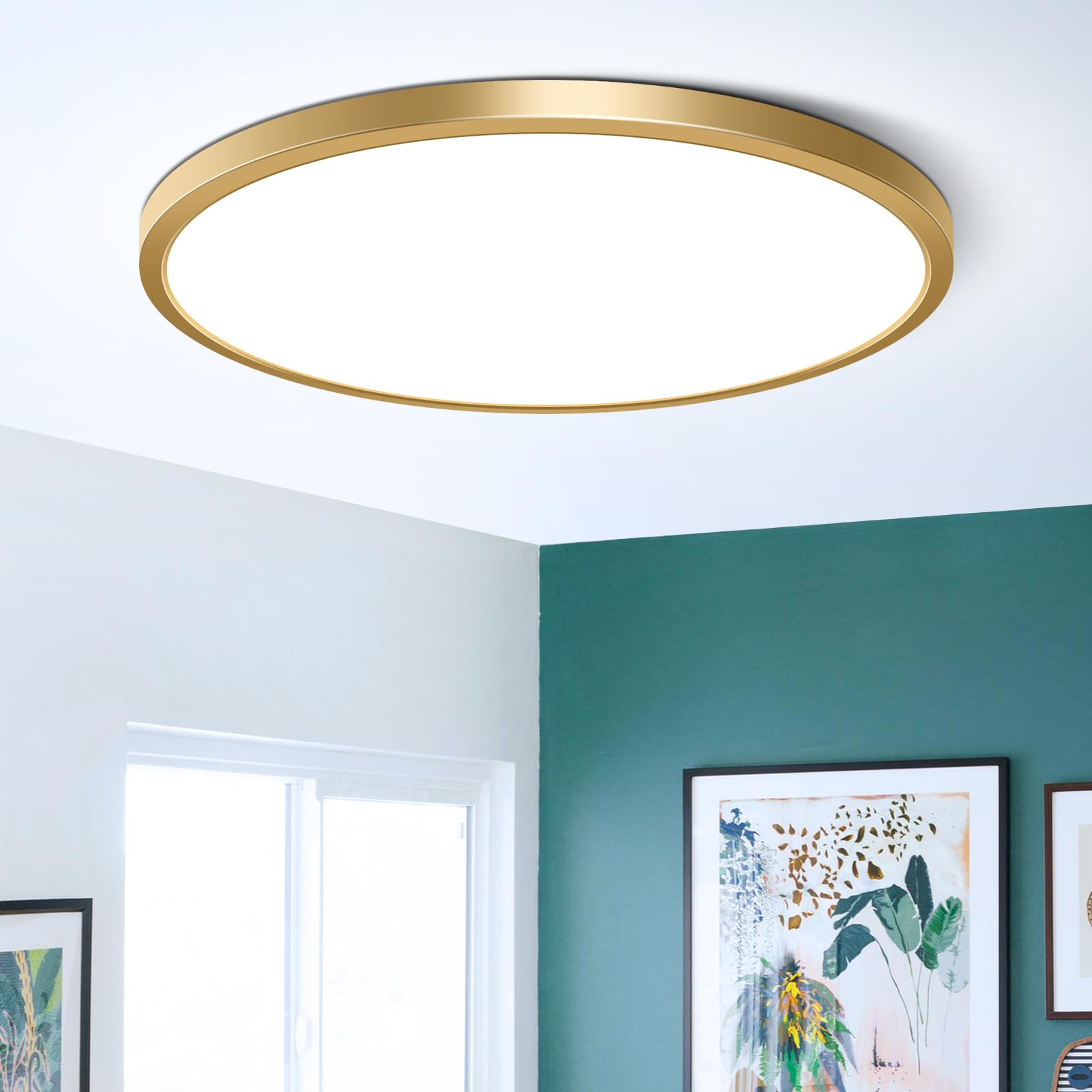 15.7Inch Gold Flush Mount Ceiling Light Fixture   32W(320W Equivalent)  3800LM  6000K Cool White  IP40  Flat Modern Round LED Ceiling Lights for Bedrooms  Living Rooms  Bathrooms  Stairwells  etc.