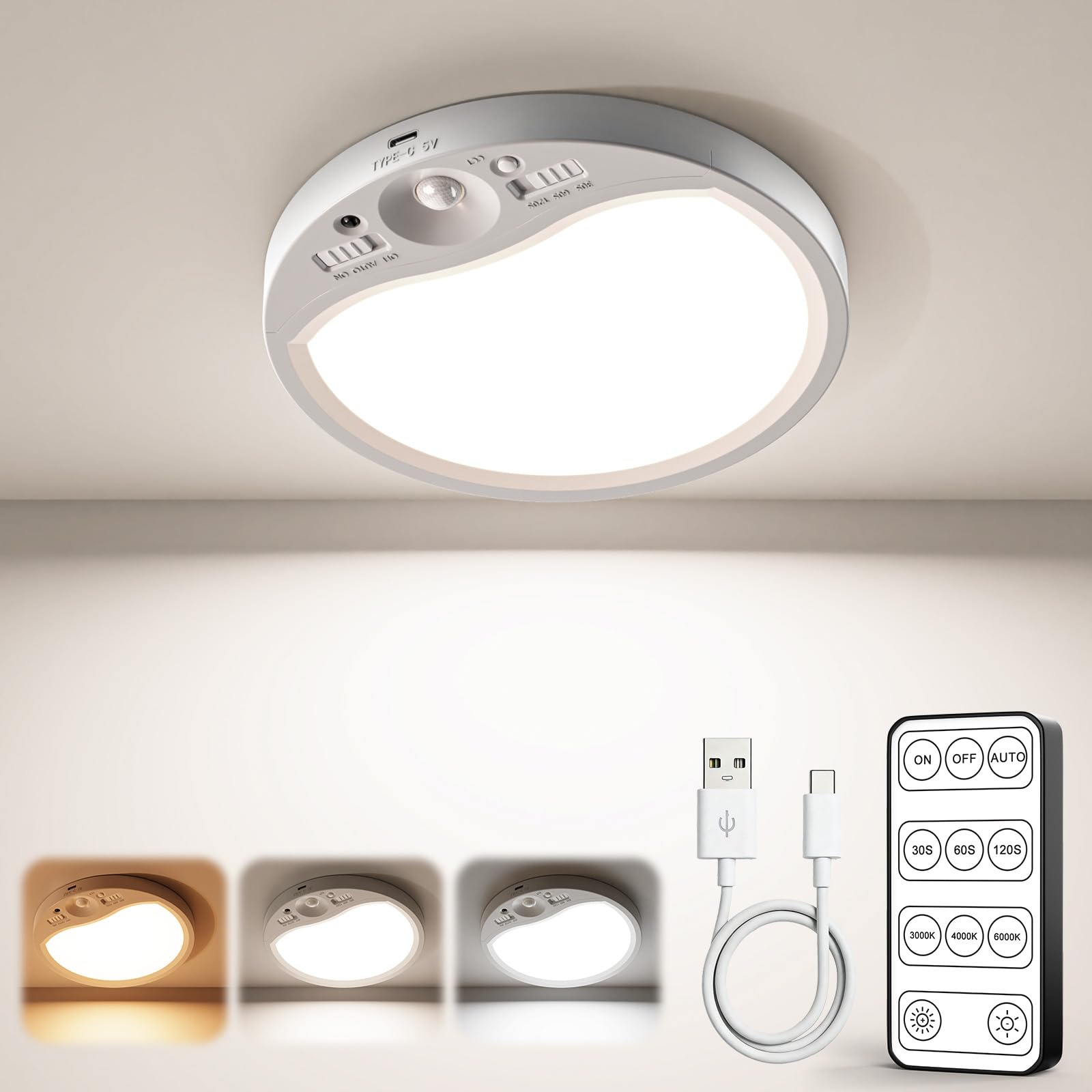 TANBABY Rechargeable Motion Sensor Ceiling Light Indoor with Remote, 3-Color Wireless Battery Operated Lights, 7 Slim Ceiling 