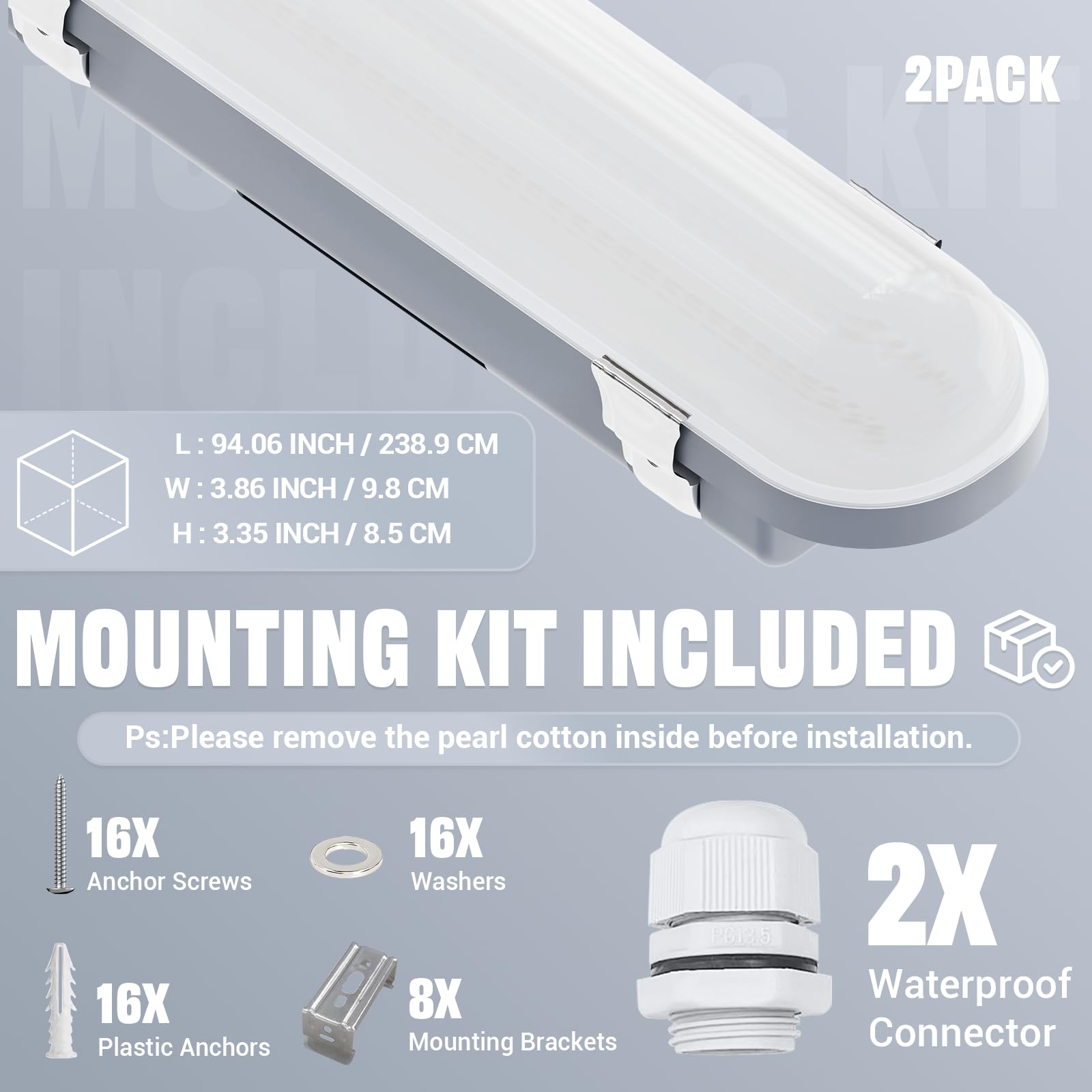 JTT 8FT LED Vapor Tight Light, 18000LM, IP66 Waterproof, 5000K/4000K/3000K, 2-Pack, White, Model 14