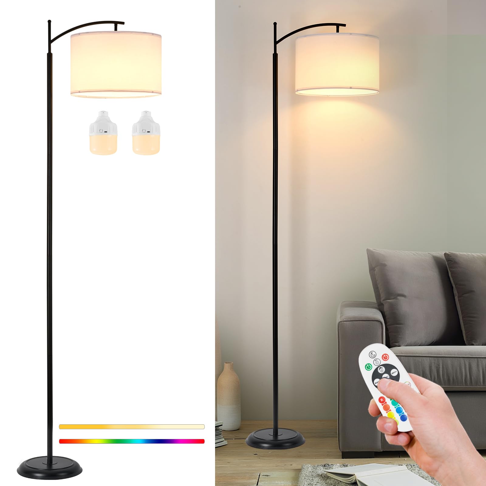 LEECOORA 2-Bulb Cordless Floor Lamp, Expandable to 4 Bulbs, Weighted Ultra Stable Base, 2X Brighter, 3 Color Temperatures Dimmab