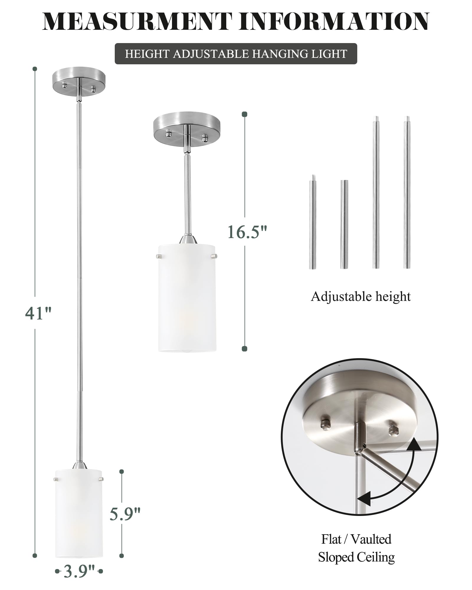 Eidonta Mini Pendant Light Fixture 1-Light, 2 Pack Brushed Nickel Hanging Ceiling Lights With Opal White Glass, Adjustable Heigh