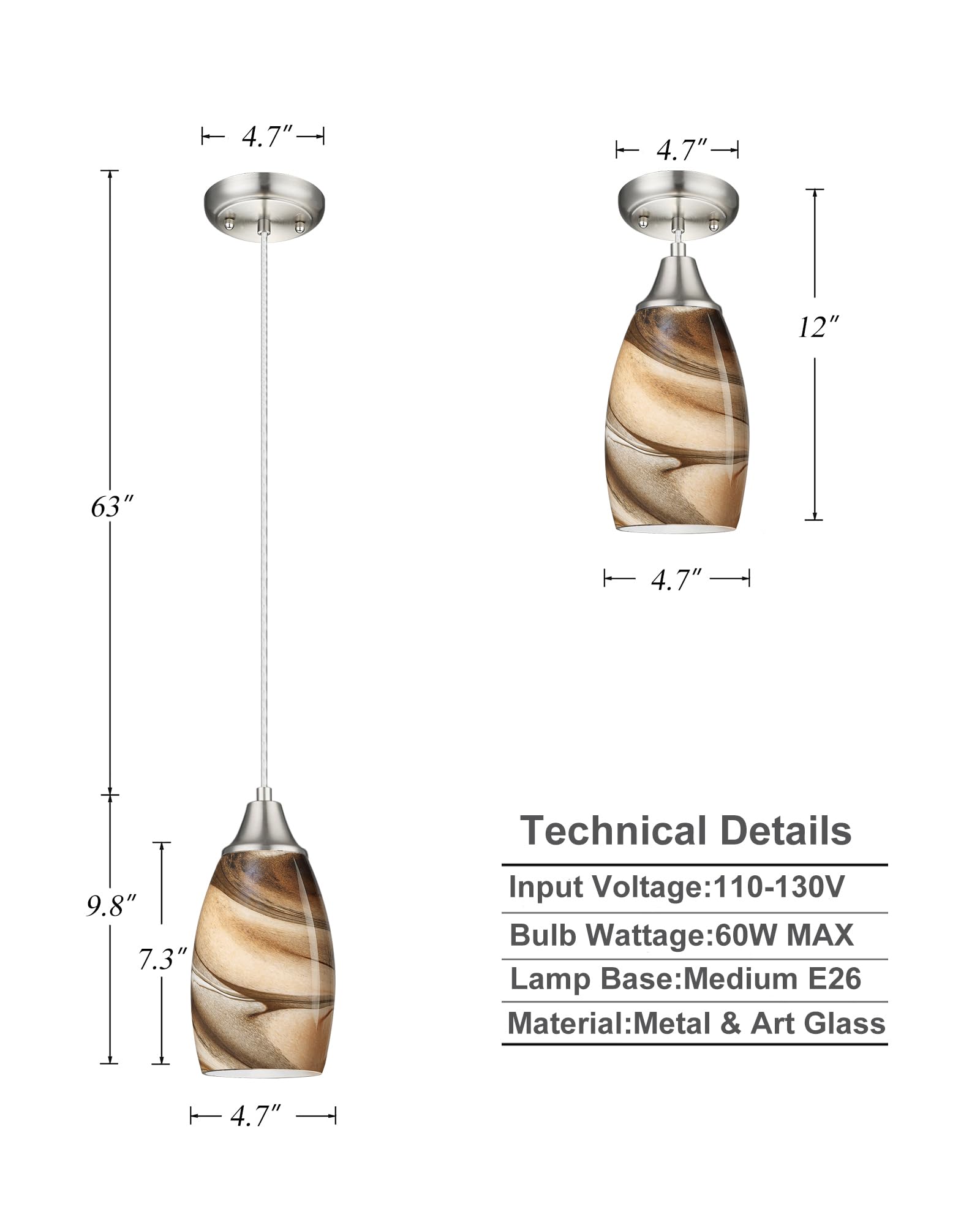 Karyfine Mini Pendant Lights Kitchen Island Light Brown Glass Lamp Shade Hand Blown Glass Pendant Light With Brush Nickel Finish