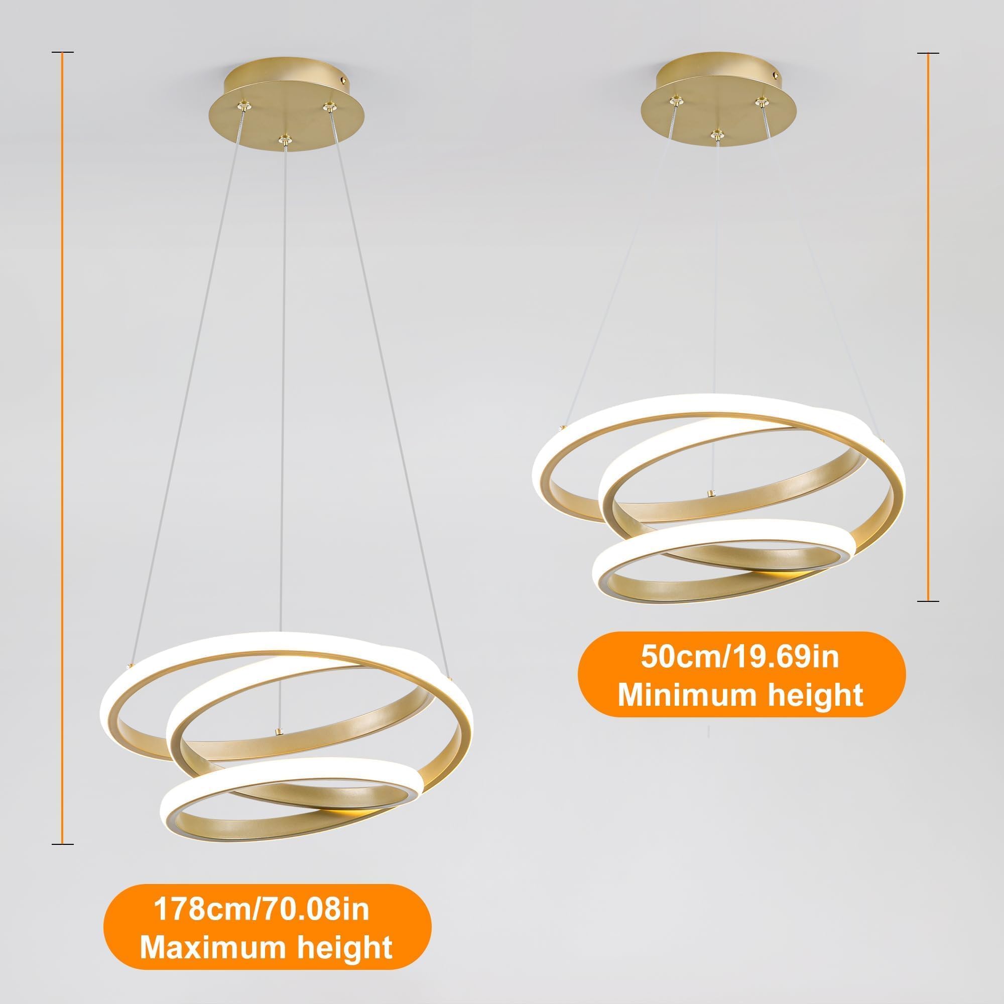 Mayful Modern Chandelier With Remote Control  3-Color Dimmable Led Pendant Light Fixtures  Height Adjustable Kitchen Island Lighting For Dining Room Bedroom Living Room Foyer Office Gold 13.78 Inches