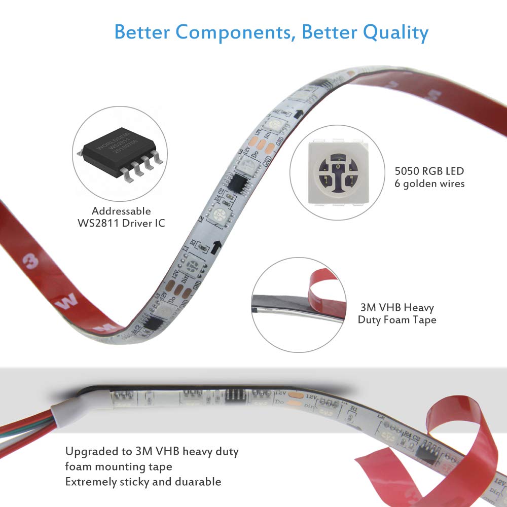 ALITOVE WS2811 RGB LED Strip Lights 16.4ft 300 LEDs Waterproof IP65 White FPCB Flexible Rope Light