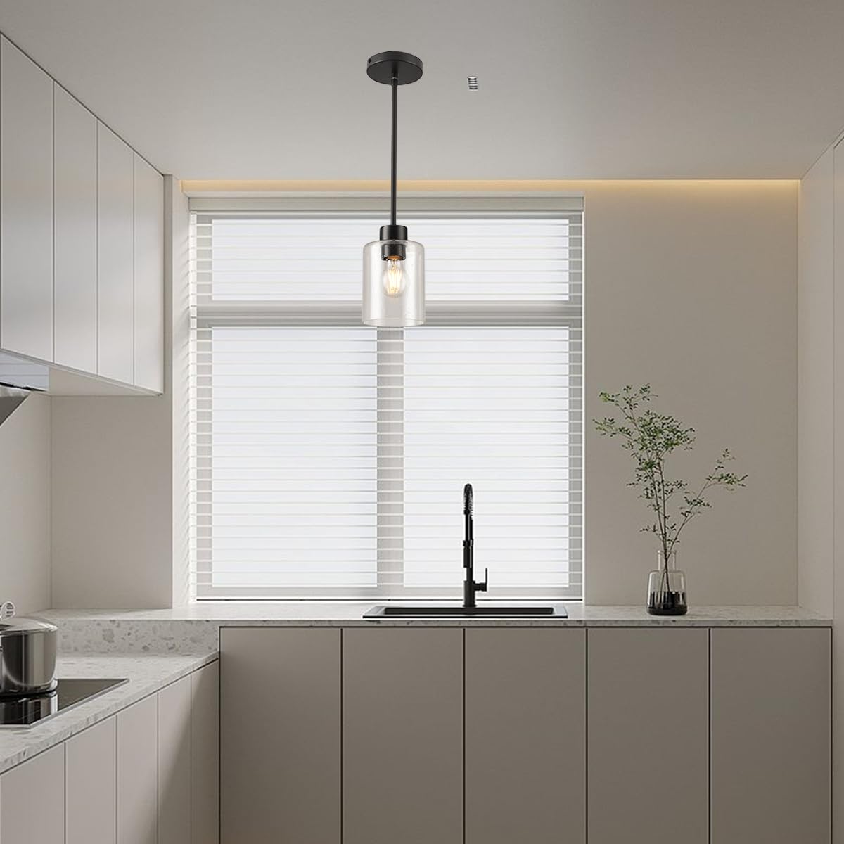 KLSS Black Pendant Lights - Seeded Glass Fixture, 12in & 4in Rods, 2 Pack, Metal