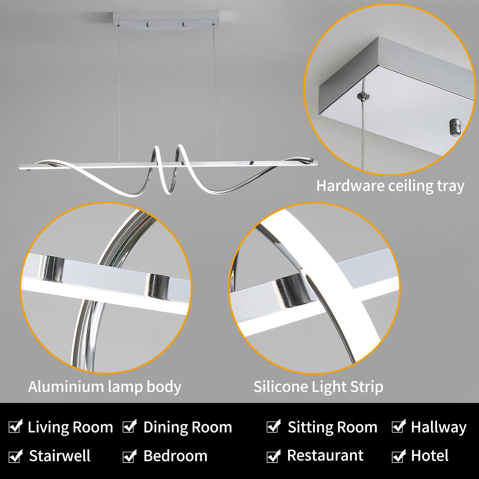 Matven Modern Ceiling Chandelier Light, Dimmable Acrylic Pendant Lamp, 47IN, Silver, Remote Control, 3 Color Modes