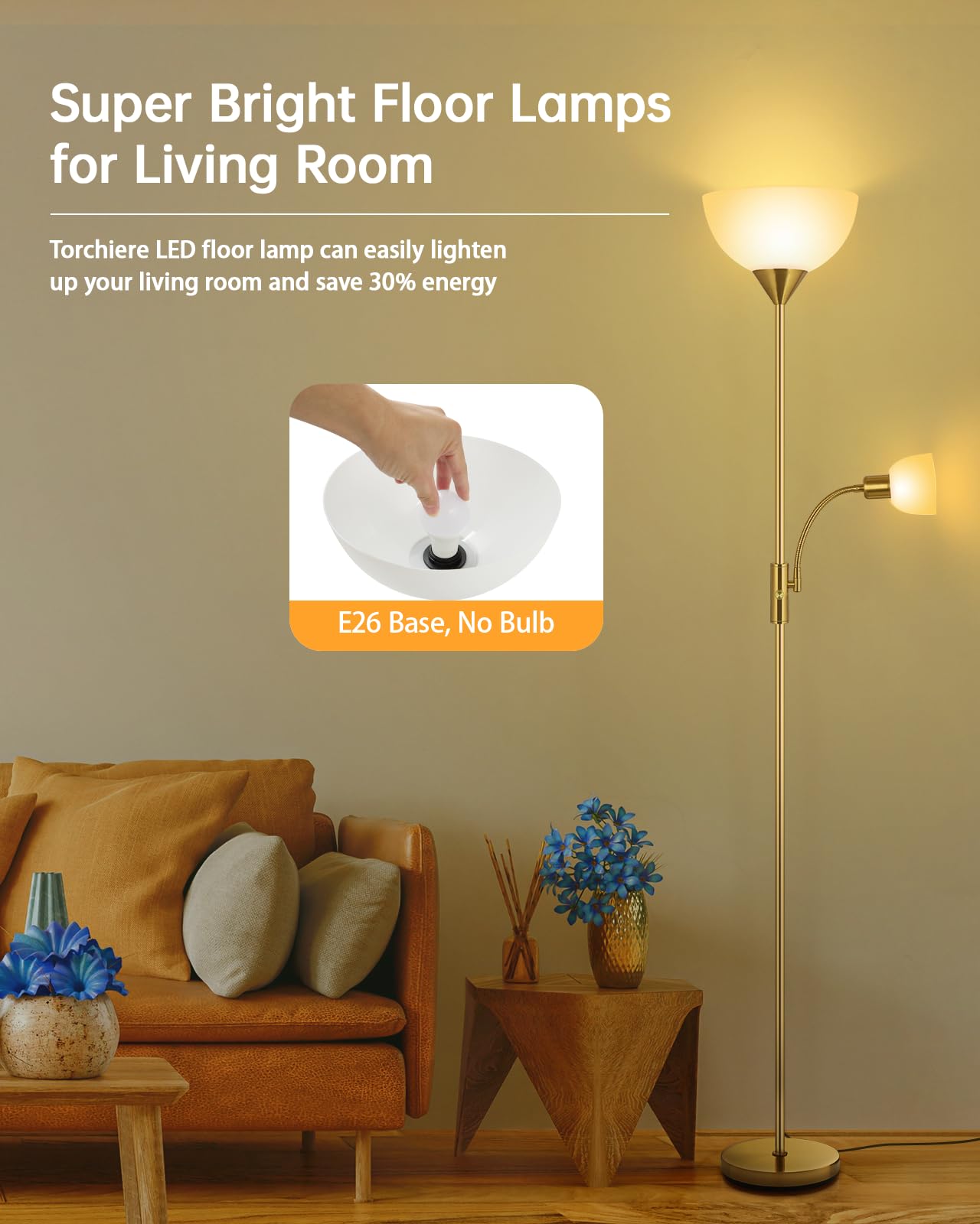 Boostarea Floor Lamp, Gold Standing Lamp, Led Torchiere Floor Lamps With Adjustable Reading Lamp, 71'' Tall Pole Lamp,3 Way Swit