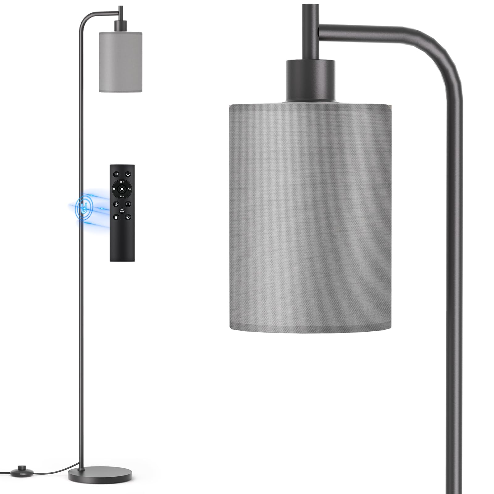 SIBRILLE Floor Lamp with Linen Shade, Dimmable, Remote Control, 9W LED Bulb, Large, Gray, Model BP-F072