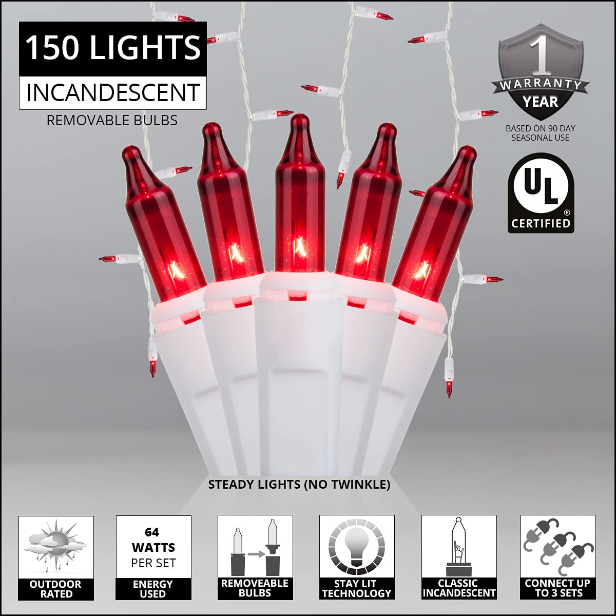 Kringle Traditions 8.5 ft Red Icicle Lights, Outdoor Holiday Lights, White Wire, Model GDS-150/3FI