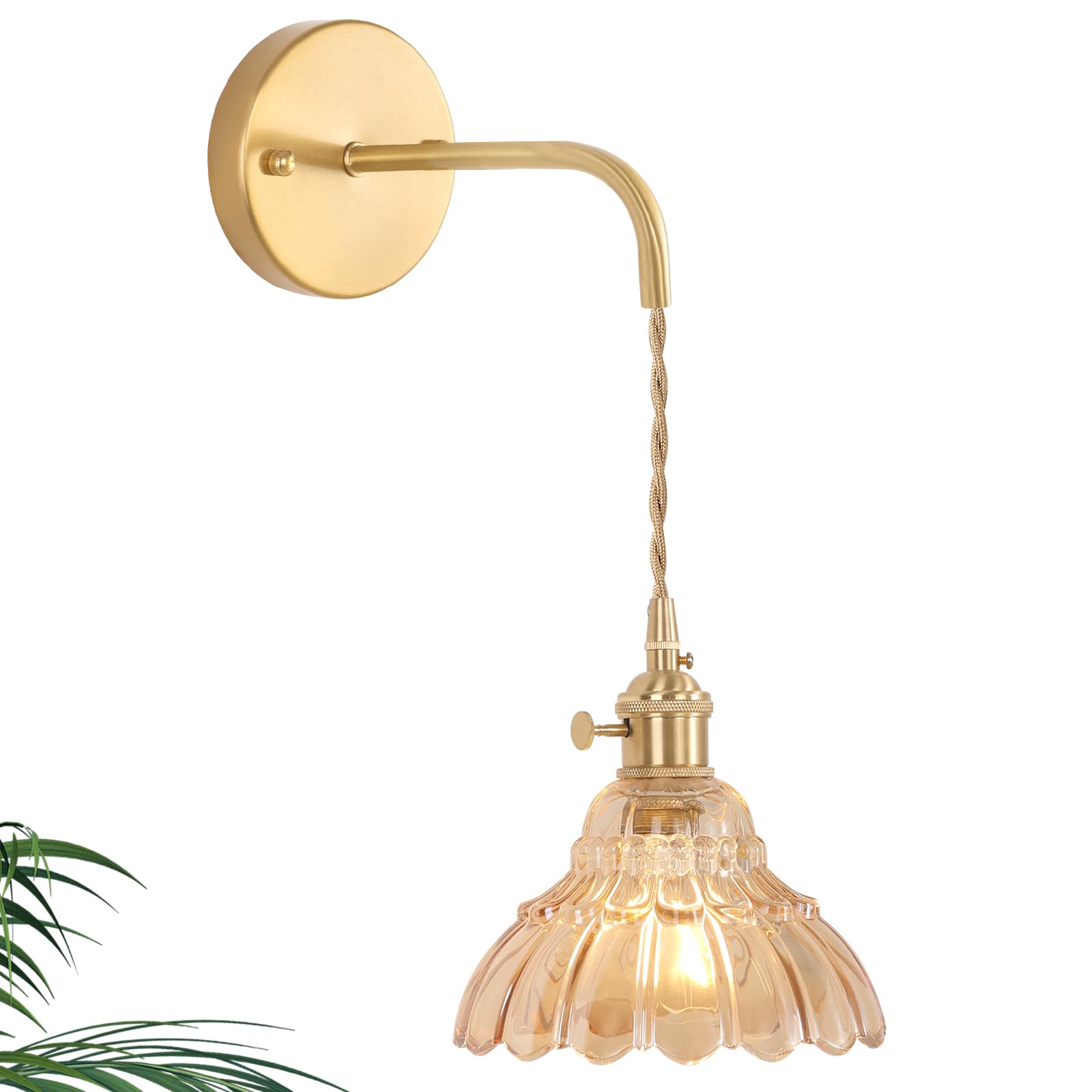 Shenmoyl Vintage Wall Sconce, Amber Lily of The Valley Glass Shade, Adjustable Chain, Hardwired, Gold, Model 1-9492