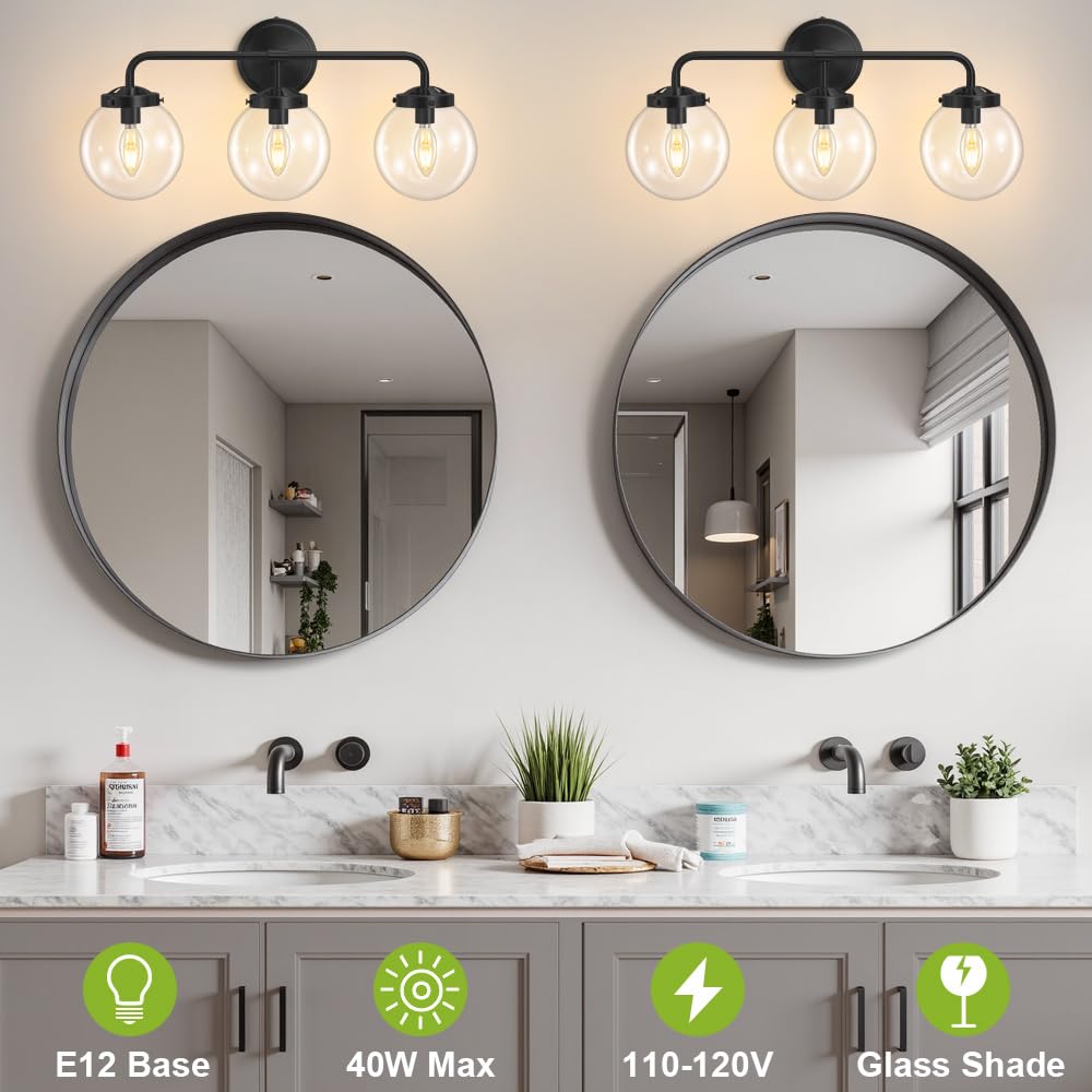 Deyidn Black Bathroom Vanity Light Fixtures Over Mirror, Modern Matte Black 3 Lights Wall Sconce Lighting With Transparent Glass