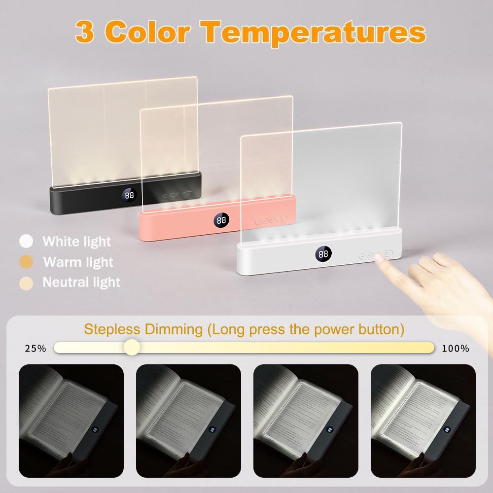 VEEKI Rechargeable LED Book Light with 3 Colors & Timer, Dimmable Flat Panel Lamp for Reading, Black, Model VK-SD-01
