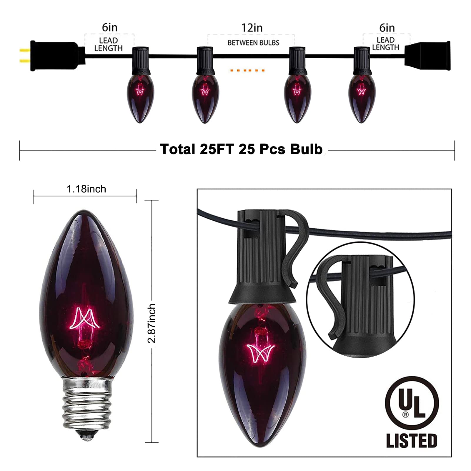 C9 Black Halloween String Lights, 25Ft Outdoor Patio String Lights With 26 Black Light Purple Bulbs(1 Spare), Hanging Backyard L