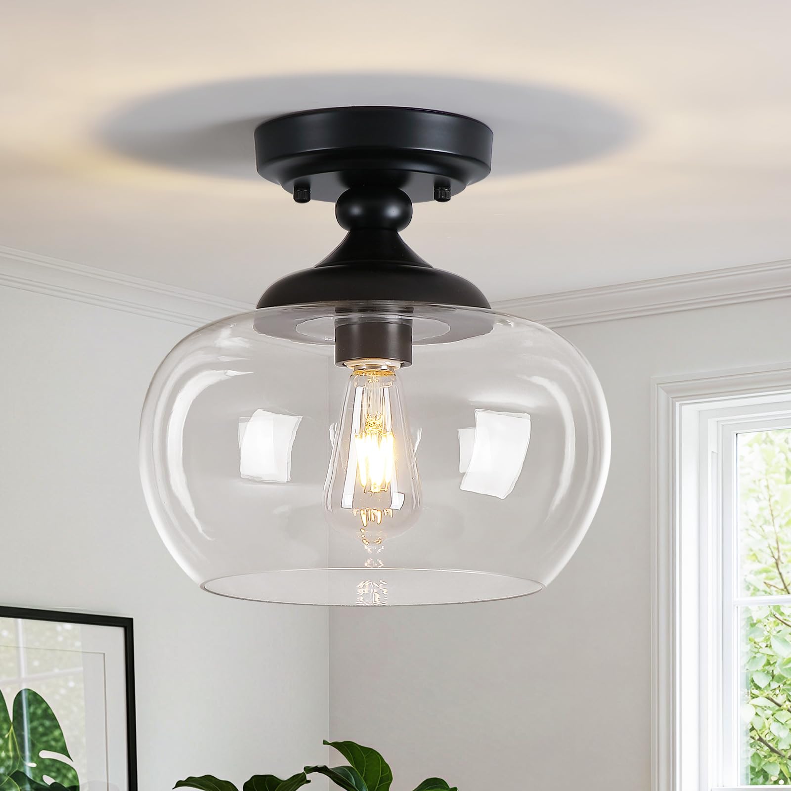QHANTOMIZE Modern Semi Flush Mount Ceiling Light, 11.8 Black Ceiling Light Fixture with Clear Glass Shade, Industrial Farmhouse 