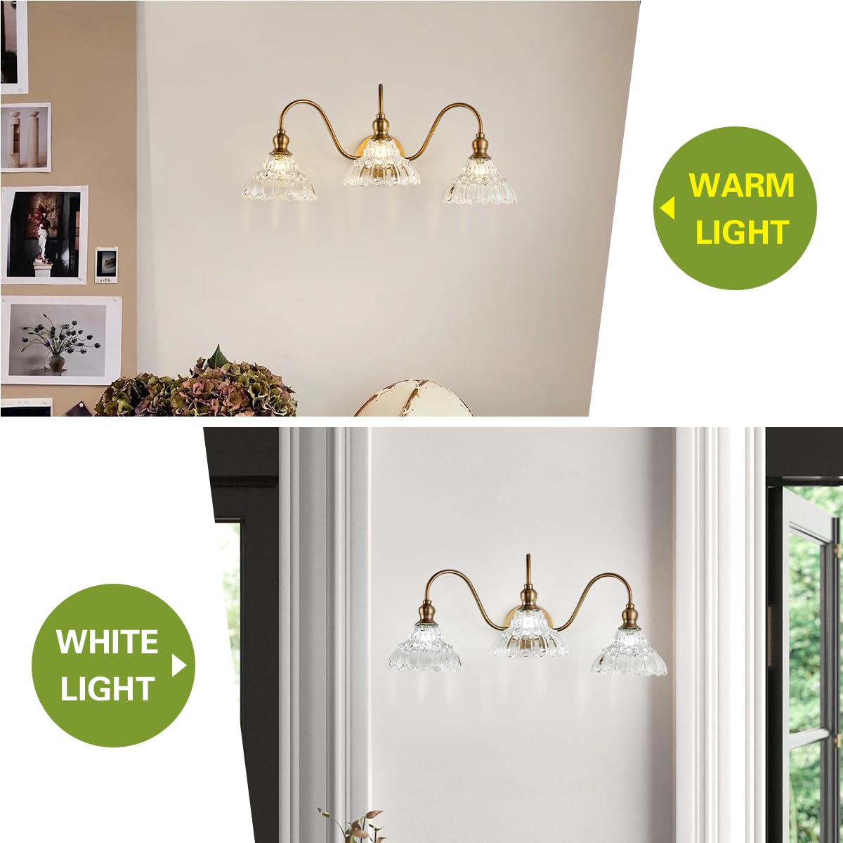 TLOLGT Vintage 3-Light Brass Wall Sconce - Retro Glass Bathroom Vanity Light Fixture, Model XZ-W111-3