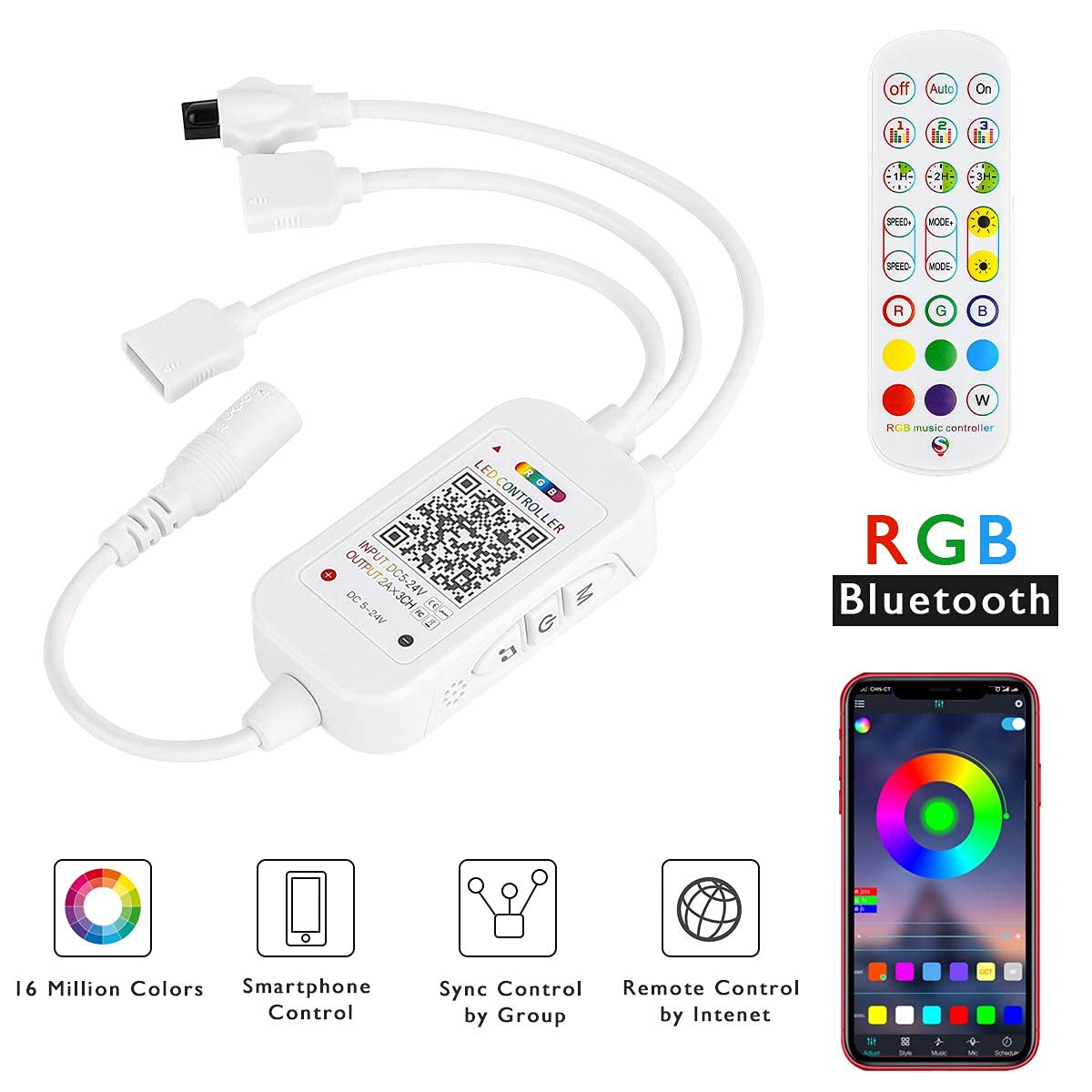 SUPERNIGHT RGB LED Strip Light Controller, APP Controlled, Bluetooth, Works with DC 5V-24V RGB Strips, White