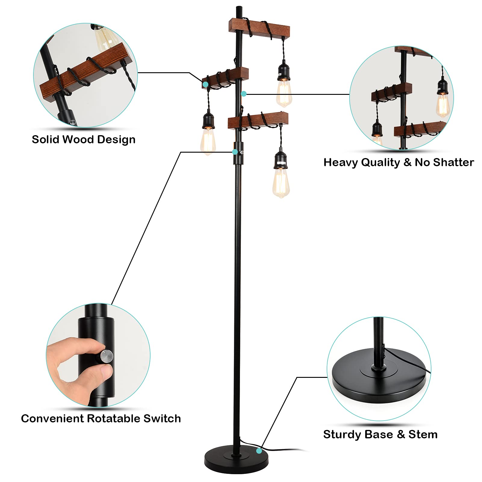 Airposta Industrial Floor Lamp - 68" Rustic Wood & Metal, 3 Lights, Black Pole, Sturdy Base for Living Room/Bedroom/Office