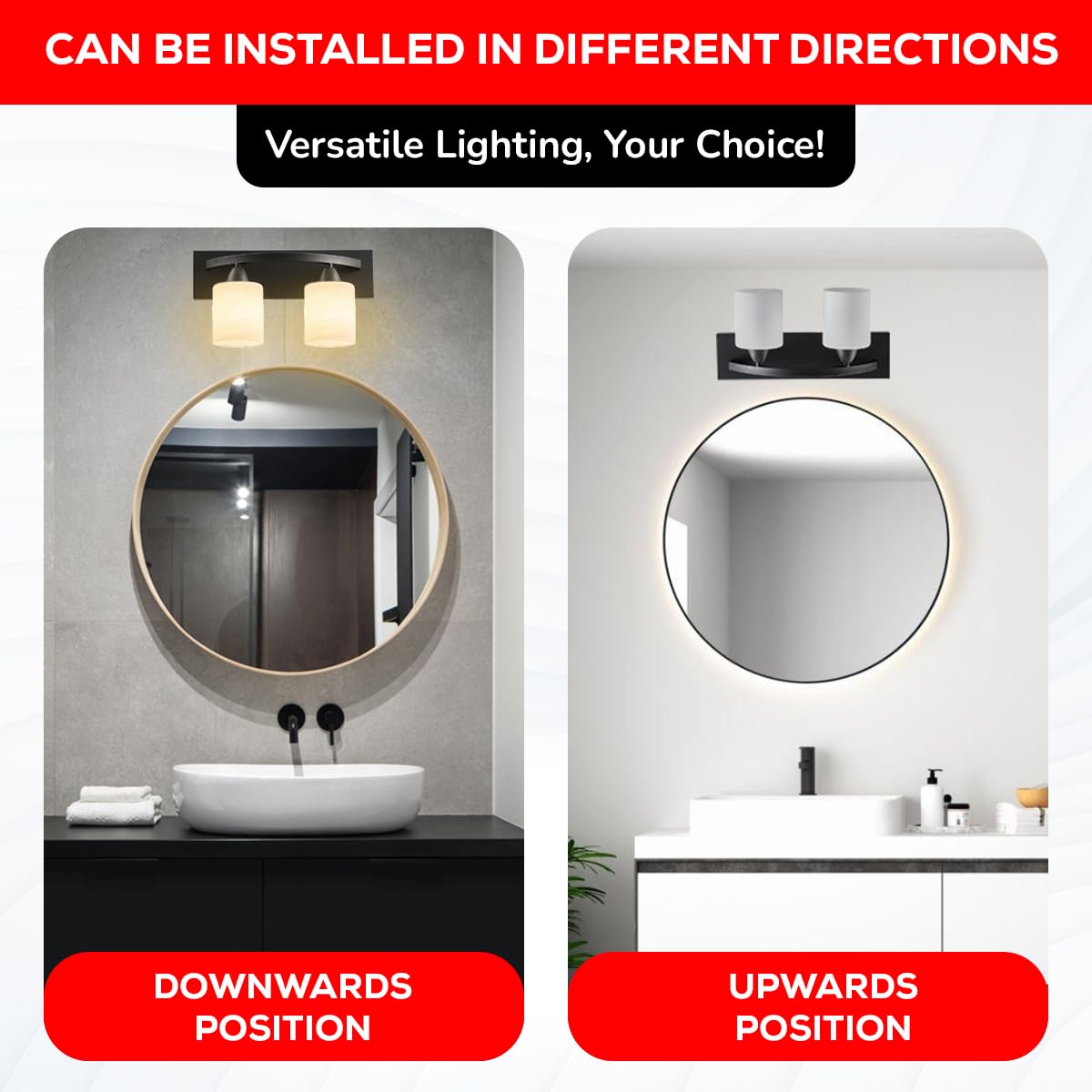 The Door Bull Bathroom Vanity Light Fixture - 2-Lights Matte Black Frosted Glass Shade - Contemporary Stainless Steel Design